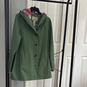 L.L. Bean Women's Green Trench Coat with Plaid Hood